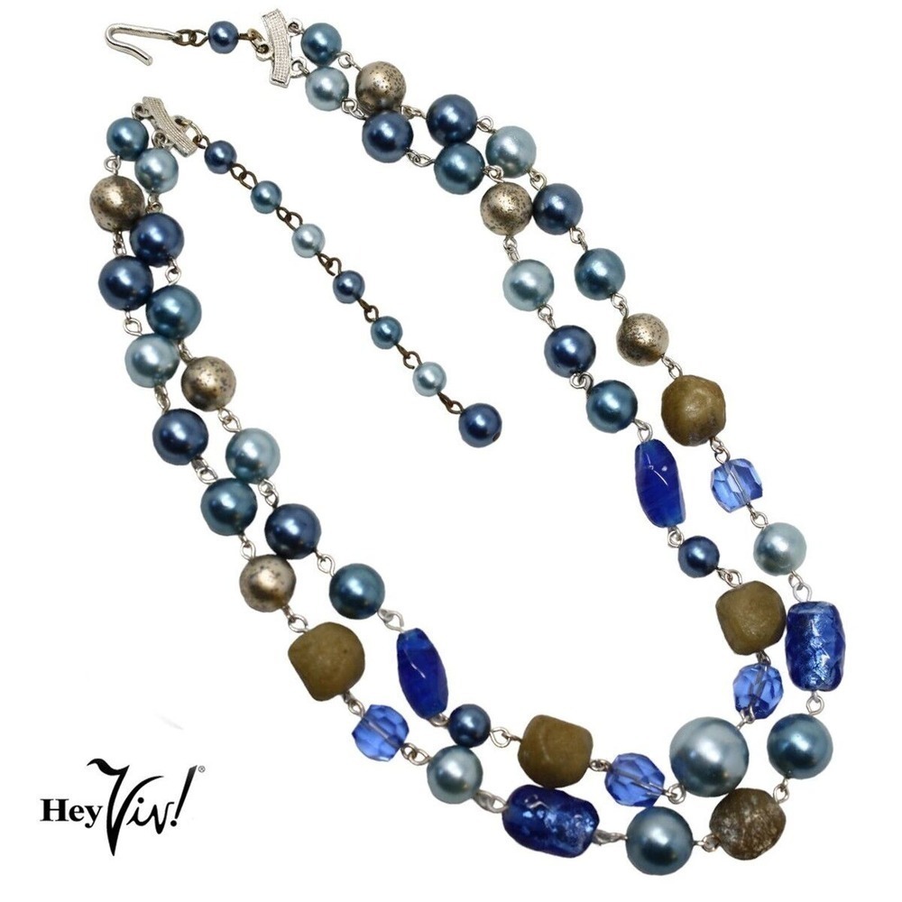 Vintage Double Strand Bead Necklace Signed Japan Blue and Gold 18" Long -Hey Viv